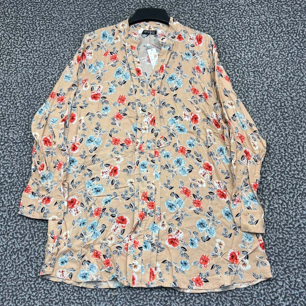 Angela Plus Blouse Women 2XL Floral Rayon V-Neck Long Sleeve Tunic Tan New